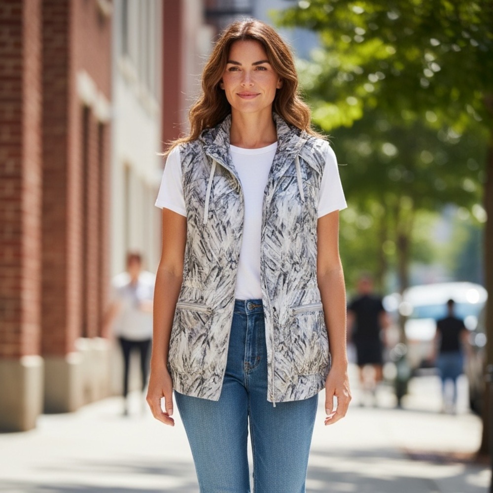 Athleta Inspire hooded vest lightweight Zip sleeveless Utility Jacket Gray Print